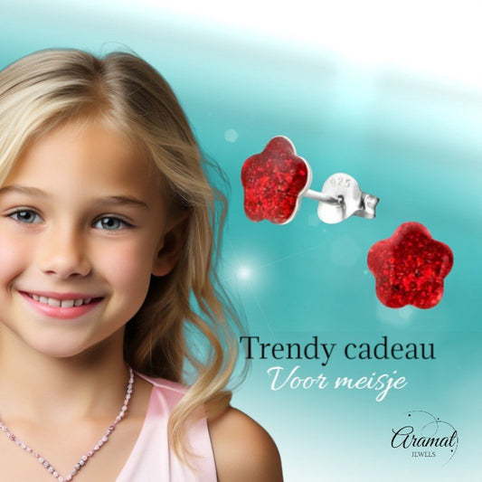 925 Zilveren Kinderoorbellen Rode Glitter Bloem 8mm - Aramat Jewels - Oorbellen - cadeautip