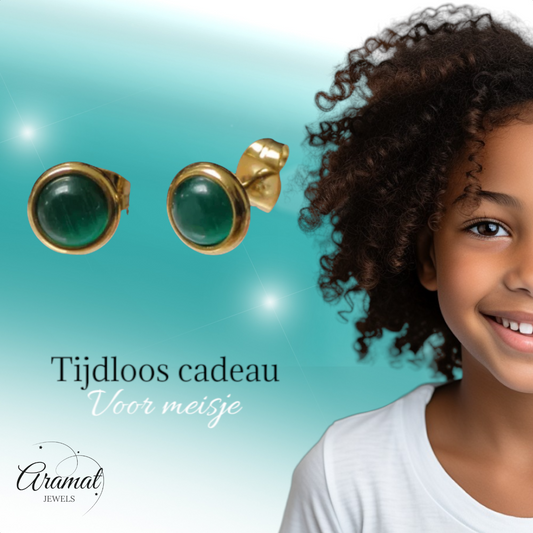 Kattenoog Oorbellen 8mm – Groen - Goudkleurig