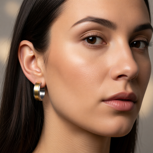 Bicolor RVS Huggie Oorringen met Brede Gouden Streep 20mm