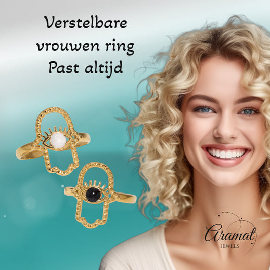 Open Ring RVS Hamsa Hand en Oog met Emaille (18 mm)