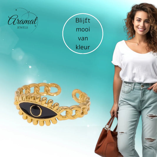 Goudkleurige Verstelbare RVS Ring met Zwart Emaille Boze Oog - 9 mm