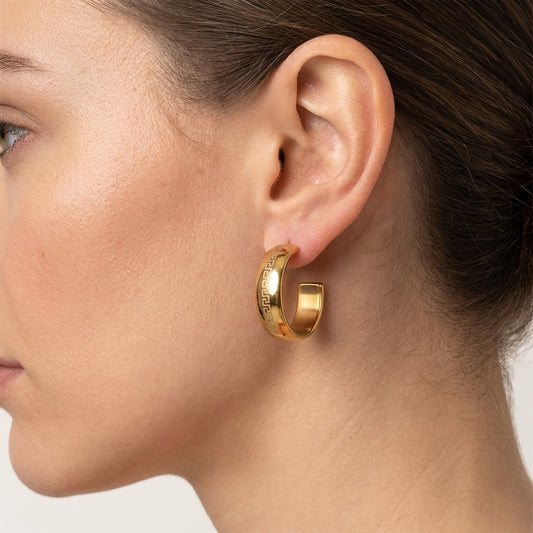 Oorbellen – 22mm Half-Hoop Grieks Motief RVS Goudkleur Dame
