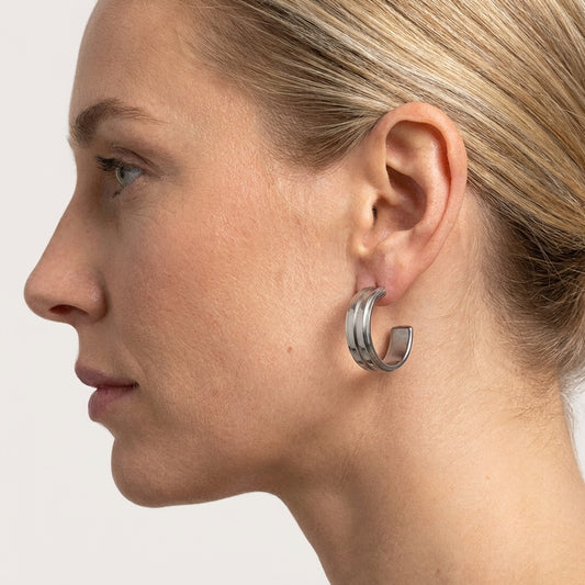 Oorbellen – 23mm Half-Hoop 2 Strepen RVS Zilverkleur Dames