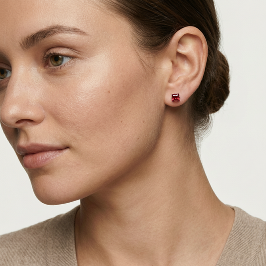 Boucles d'oreilles – Acier inoxydable couleur or rose avec zircon rouge carré (4 mm)