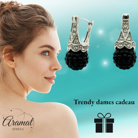 Boucles d'oreilles – Boule de cristal noir avec cristaux transparents, acier inoxydable, pour femme