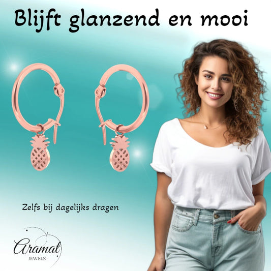 Boucles d'oreilles créoles de 16 mm avec breloque ananas, en acier inoxydable rose pour femme