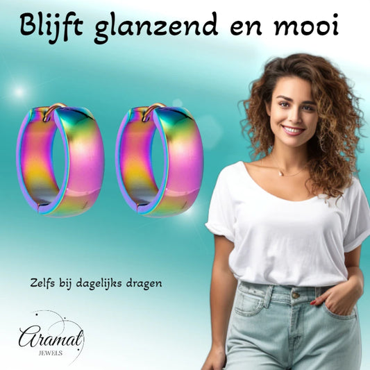 Boucles d'oreilles créoles en acier inoxydable, coloris arc-en-ciel lisse, 20 mm - Unisexe