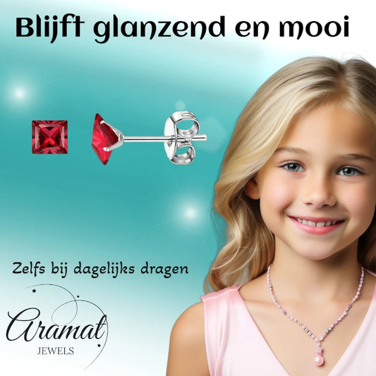 Boucles d'oreilles – Zirconium carré de 5 mm rouge sur acier inoxydable argenté