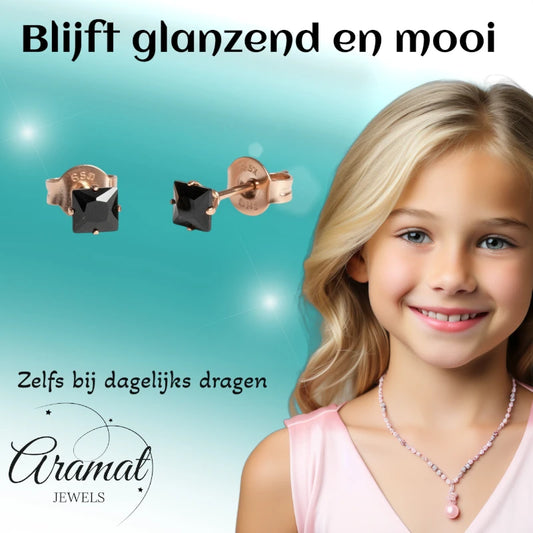 Boucles d'oreilles – Acier inoxydable couleur or rose avec zircon noir carré (4 mm)