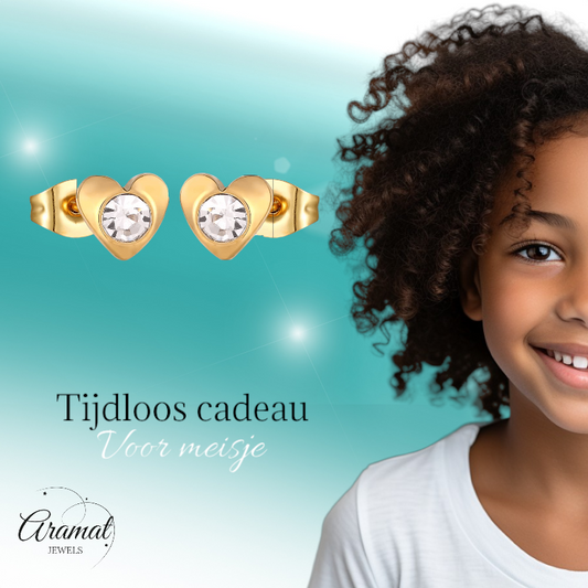 Boucles d'oreilles puces en forme de cœur couleur or – cristal transparent 8 mm