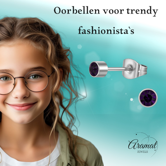 Amethist paarse kristal oorstekers – 4mm RVS