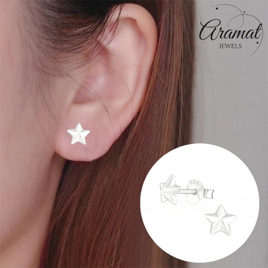 Aramat Jewels 925 sterling silver 3D star stud earrings, 5mm, high polish finish.