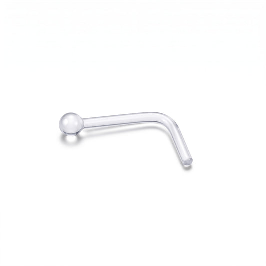 Aramat Jewels doorzichtige acryl neuspiercing retainer met L-vormig staafje en 2mm bolletje voor een subtiele look.