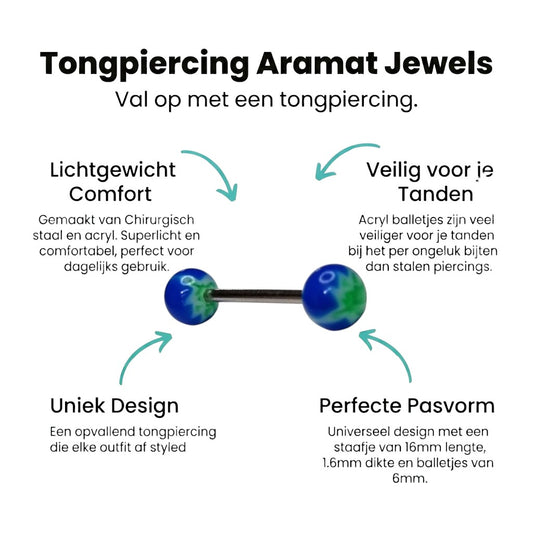 Aramat Jewels green and blue acrylic tongue piercing with a leaf design and silver barbell.