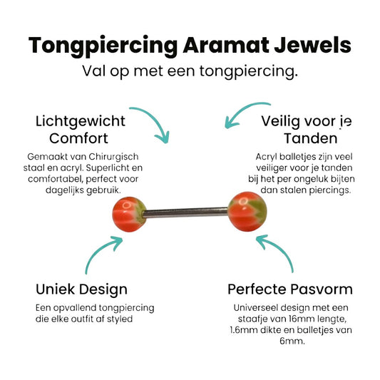 Aramat Jewels steel tongue piercing with green and orange marbled acrylic balls, 16mm bar, 1.6mm gauge.