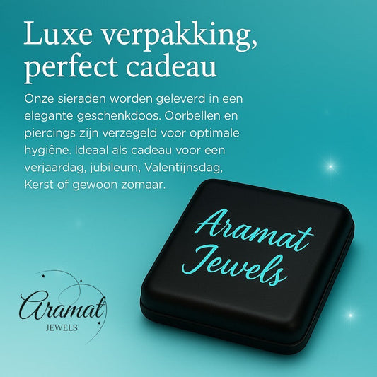 Aramat Jewels black gift box with logo, featuring a teal gradient background and text about luxury packaging and perfect gifts.