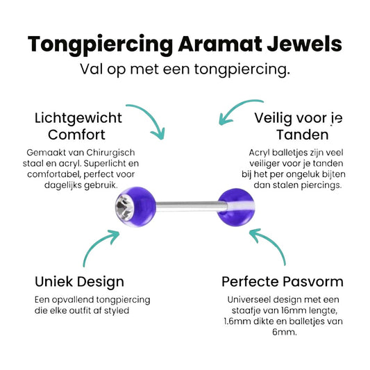 Aramat Jewels purple steel tongue piercing with a clear crystal and white accents on the balls.