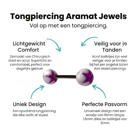 Aramat Jewels steel tongue piercing with purple and white acrylic star ends. 16mm bar, 6mm balls.