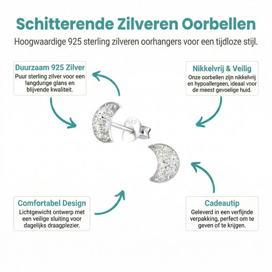 Aramat Jewels 925 sterling silver crescent moon stud earrings with transparent glitter accents, 6x3mm.