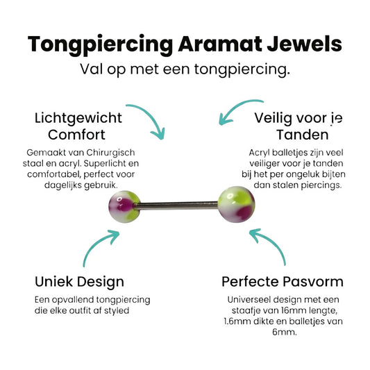 Aramat Jewels steel acrylic tongue piercing with purple, yellow, and white heart-shaped ends.