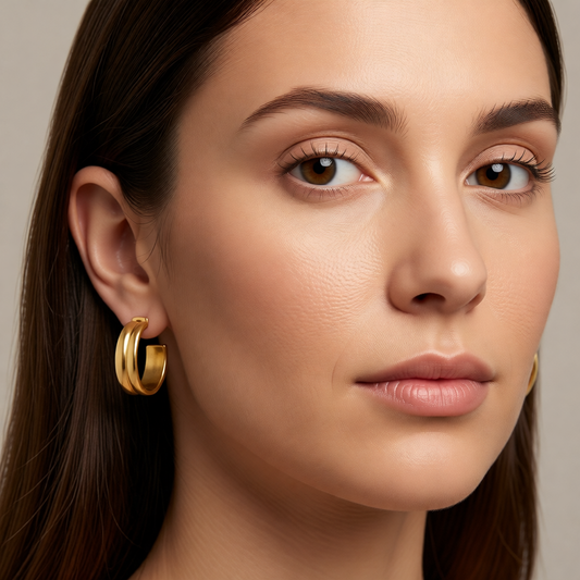 Oorbellen – 23mm Half-Hoop 2 Strepen RVS Goudkleur Dames