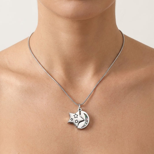 Ashanger Ster en Maan - Zilverkleurig RVS met Abalone - Aramat Jewels - Gedenkhangers - cadeautip