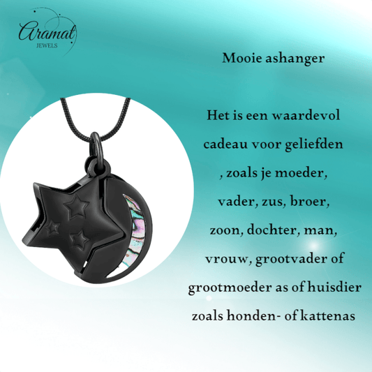 Ashanger Ster en Maan - Zwart RVS met Abalone - hang1474 - IJD20083 - Gedenkhangers kopen# - 22mm - Abalone - alles