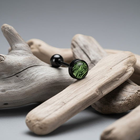 Aramat Jewels black bioplast tongue piercing with a green animal print design on one ball.