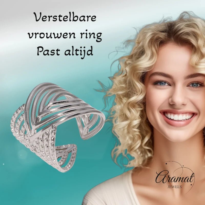 Brede Damesring Verstelbaar โ Open Ring met Lijnen โ 23 mm - ring342 - Ringen kopen# - Zilverkleur - alles - boho
