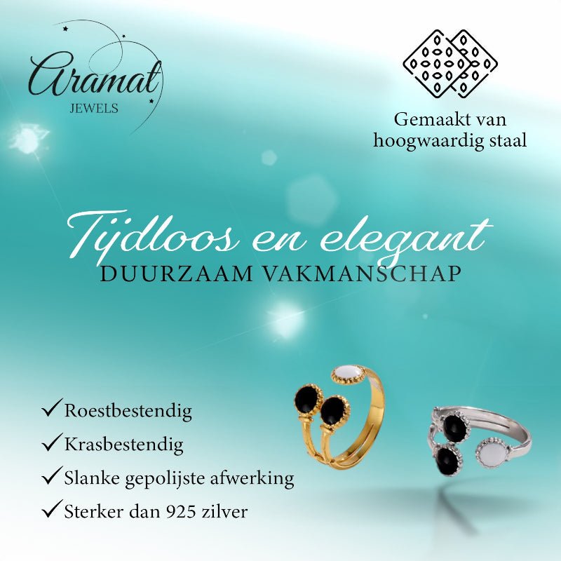 Brede One Size Ring Goudkleurig RVS met Drie Emaille Cirkels (13 mm) - Aramat Jewels - Ringen - cadeautip