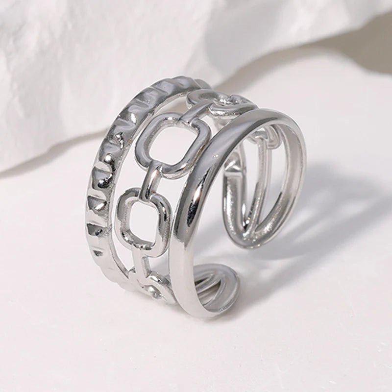 Damesring Verstelbaar – Open Ring met Gladde, Schakel & Bewerkte Lijn – One Size - Aramat Jewels - Ringen - cadeautip