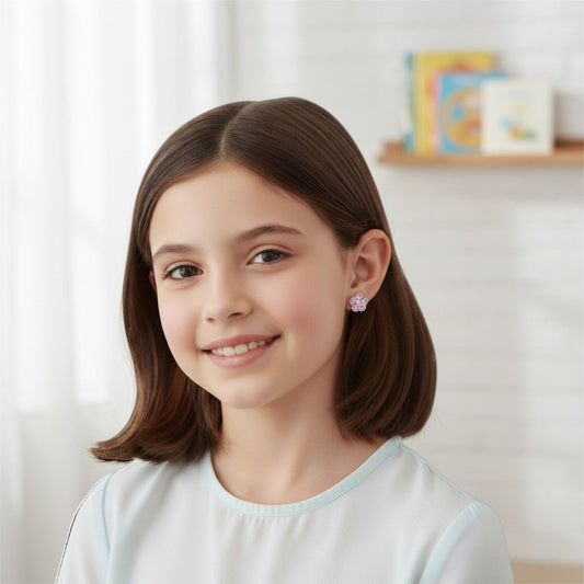 Aramat Jewels silver flower stud earrings with pink crystals, 8mm, hypoallergenic.