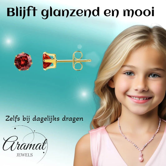 Goudkleurige RVS Oorstekers met Rode Zirkonia - vanaf 3 mm - Aramat Jewels - Oorbellen - cadeautip