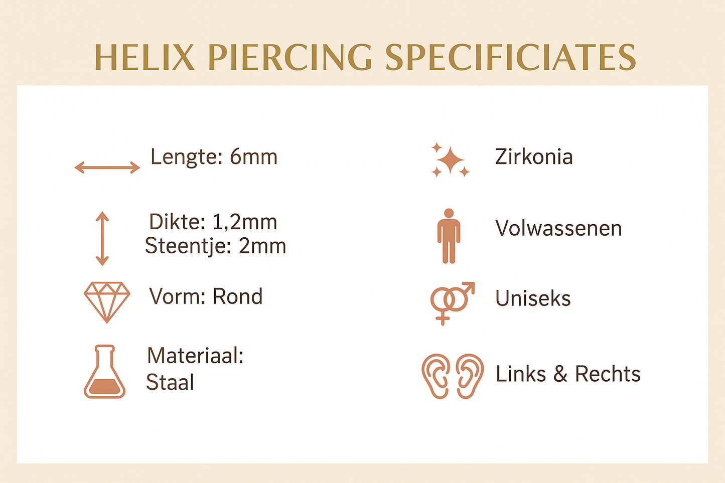Piercing hélix-tragus en zircone couleur or, 6 mm x 1,2 mm