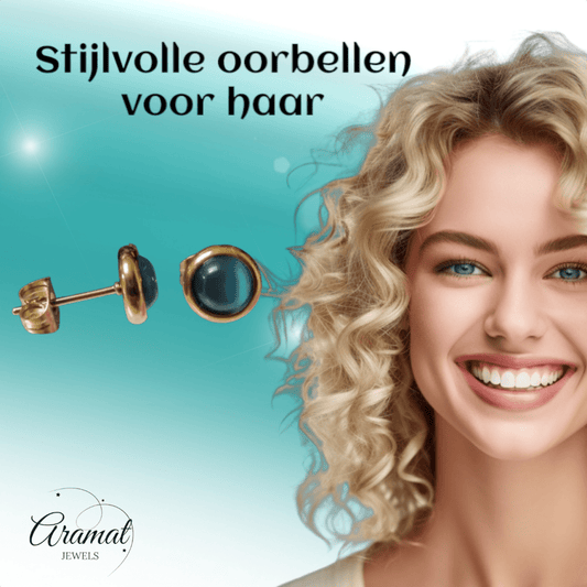 Kattenoog Oorbellen 8mm – Blauw - Goudkleurig - Aramat Jewels - Oorbellen - cadeautip