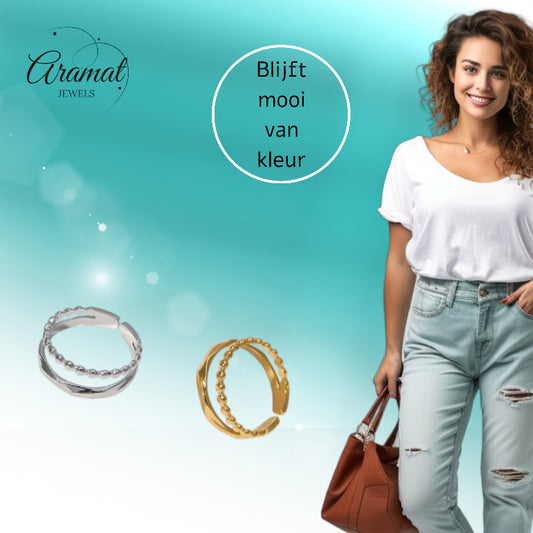 Open Ring RVS met Dot en Gehamerde Lijn (7 mm)