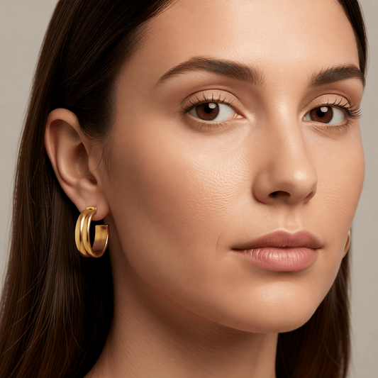 Oorbellen – 23mm Half - Hoop 2 Strepen RVS Goudkleur Dames - Aramat Jewels - Oorringen - cadeautip