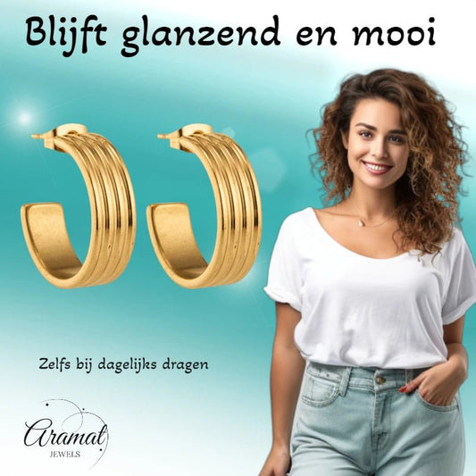 Oorbellen – 23mm Half - Hoop Streeprelief RVS Goudkleur Dames - Aramat Jewels - Oorringen - cadeautip