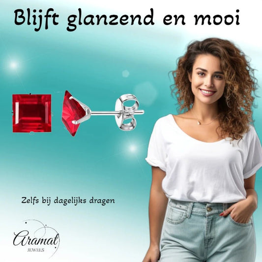 Oorbellen – 8mm Vierkante Zirkonia Rood op RVS Zilverkleur - Aramat Jewels - Oorbellen - cadeautip