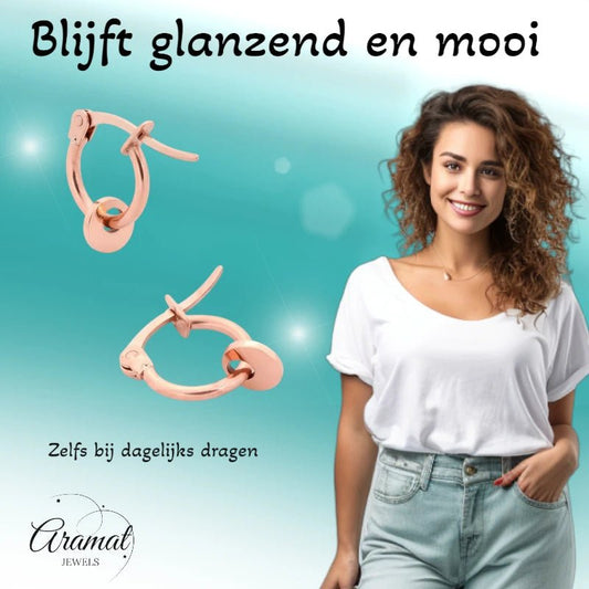Oorringen – 10mm Mini Creolen met Rond Muntje RVS Rosékleur Dames - Aramat Jewels - Oorringen - cadeautip