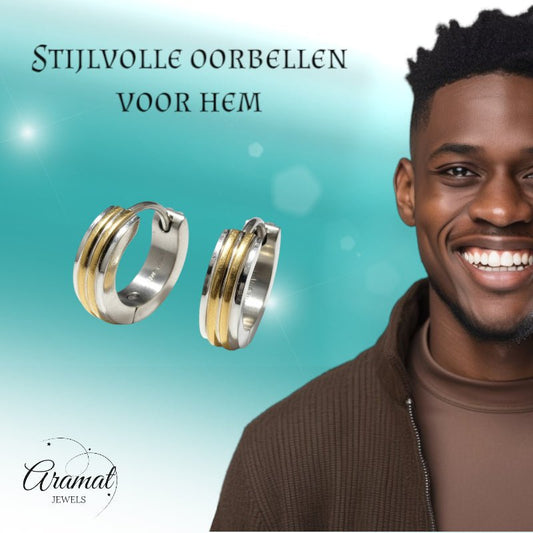 Oorringen – Smalle Bicolor RVS Zilver/Goud Streepjes (13x4mm) - Aramat Jewels - Oorringen - cadeautip