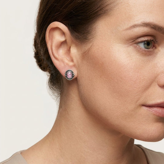 Oorstekers – 925 Zilver Bali Oorbellen Ovaal Roze Glitter 8x5mm Geoxideerd - Aramat Jewels - Oorbellen - cadeautip