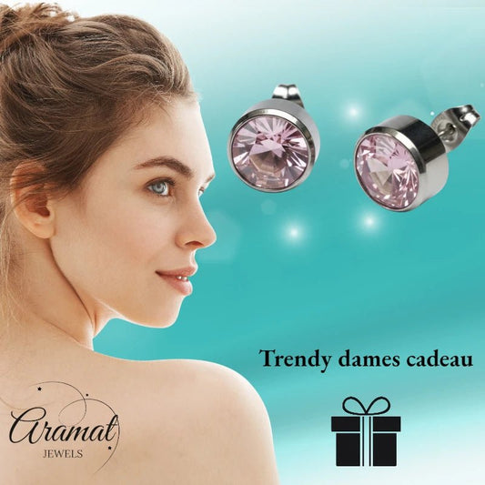 Oorstekers – Staal Kristal Roze Zilverkleur (10mm) - Aramat Jewels - Oorbellen - cadeautip