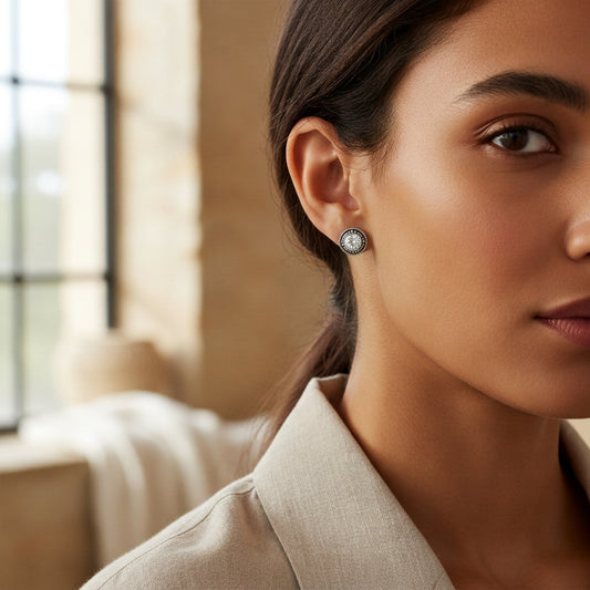 Oorstekers – Sterling Zilver Bali Etnisch Transparant Kristal 7mm Rond Geoxideerd