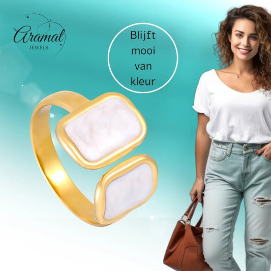 Open Ring RVS 2 Rechthoeken Emaille - 13mm - Parel Wit - Aramat Jewels - Ringen - cadeautip