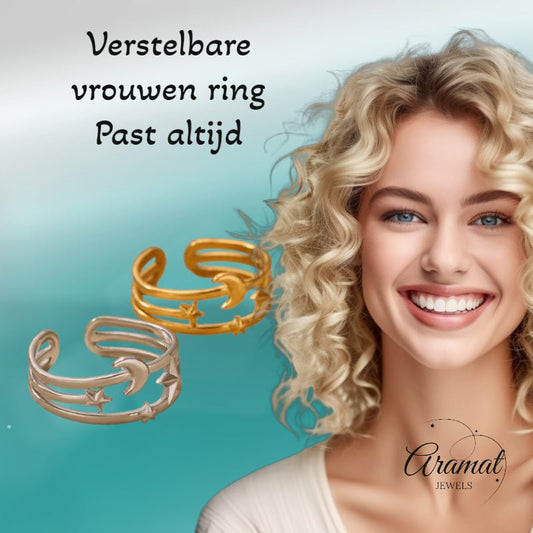 Open Ring RVS met Drie Sterren en Maan (9 mm) - Aramat Jewels - Ringen - cadeautip