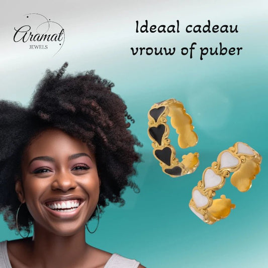 Open Ring RVS met Hartjes Motief en Emaille (6 mm) - Aramat Jewels - Ringen - cadeautip