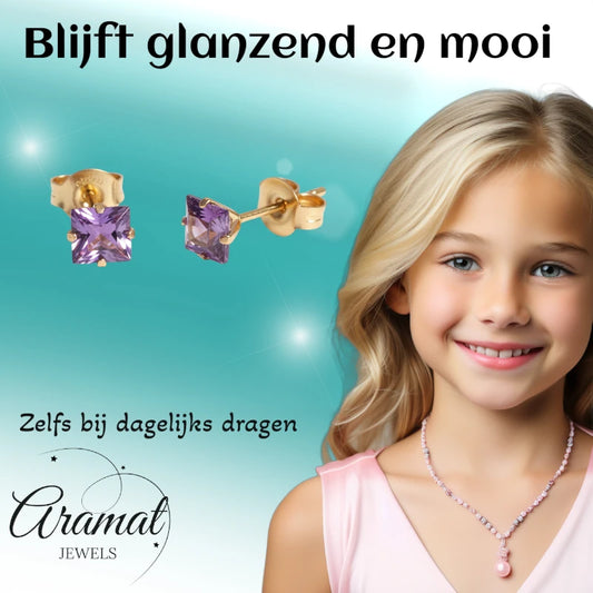 Boucles d'oreilles – Acier inoxydable couleur or avec zircone carrée violette (5 mm)