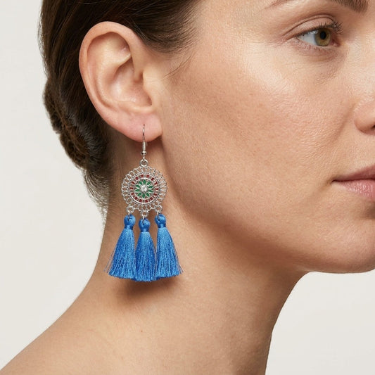Zomerse Boho Oorhangers Kwastjes Blauw 75mm
