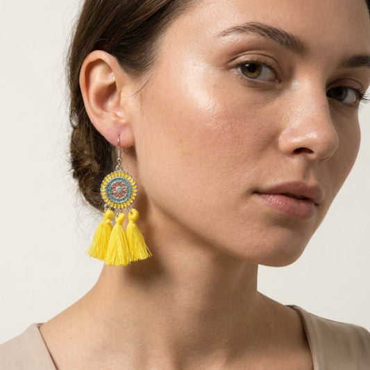 Zomerse Boho Oorhangers Kwastjes Geel 75mm
